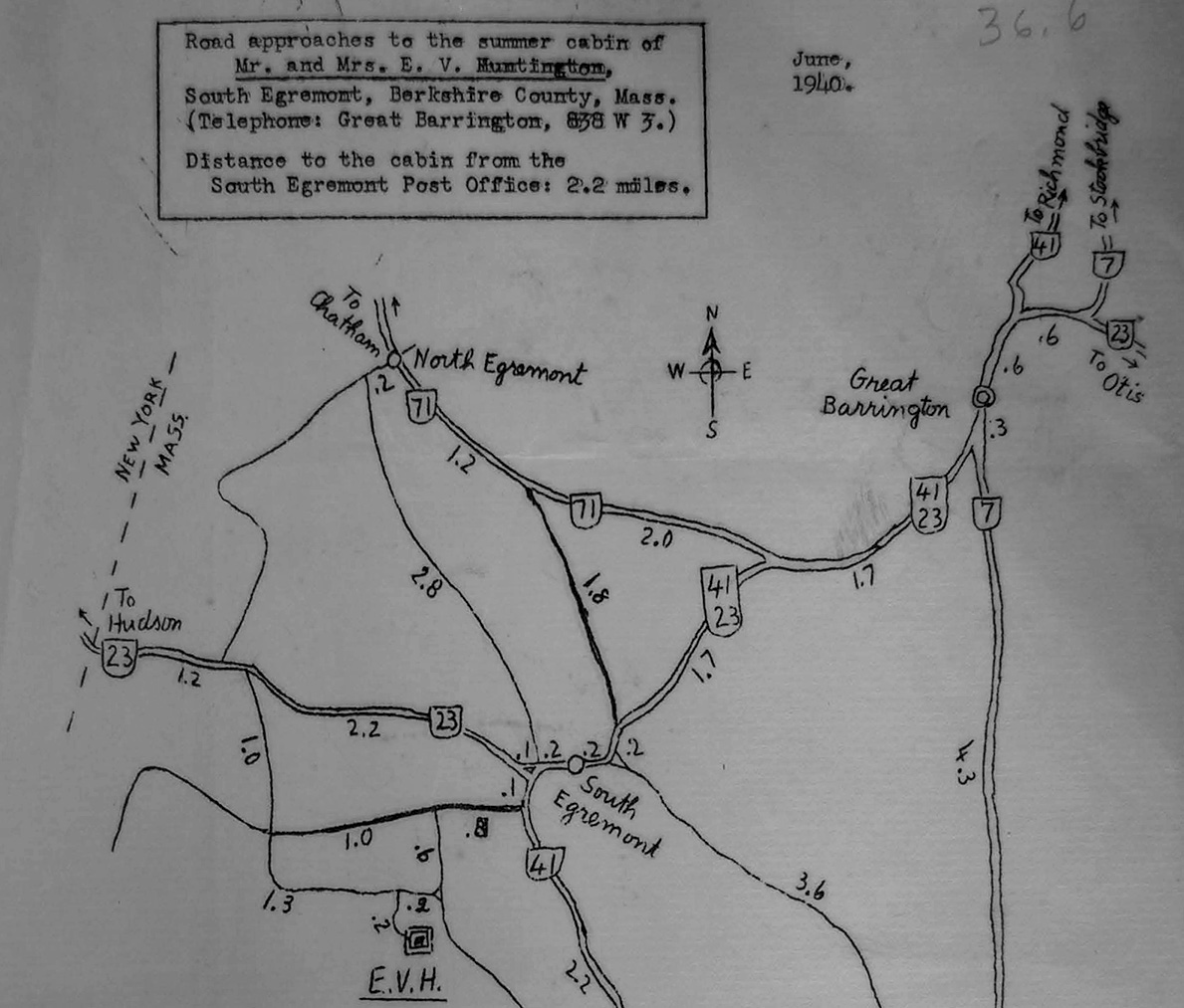 image of mimeographed map to Huntington's cabin in the Berkshires